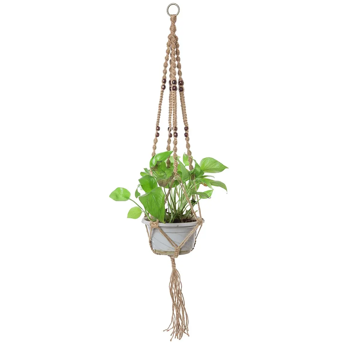 THY COLLECTIBLES 1pcs Sturdy Handcrafted Vintage Beaded 4-Leg Cotton Rope Macrame Hanging Planter Basket, Brown, Multiple Lengths, for Container Gardening, Office, All-Season Home Balcony Use