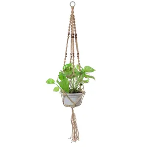 THY COLLECTIBLES Hand-Weaved Macrame Plant Hanger Indoor Outdoor Hanging Planter Basket Cotton Rope 4 Legs Beaded Brown