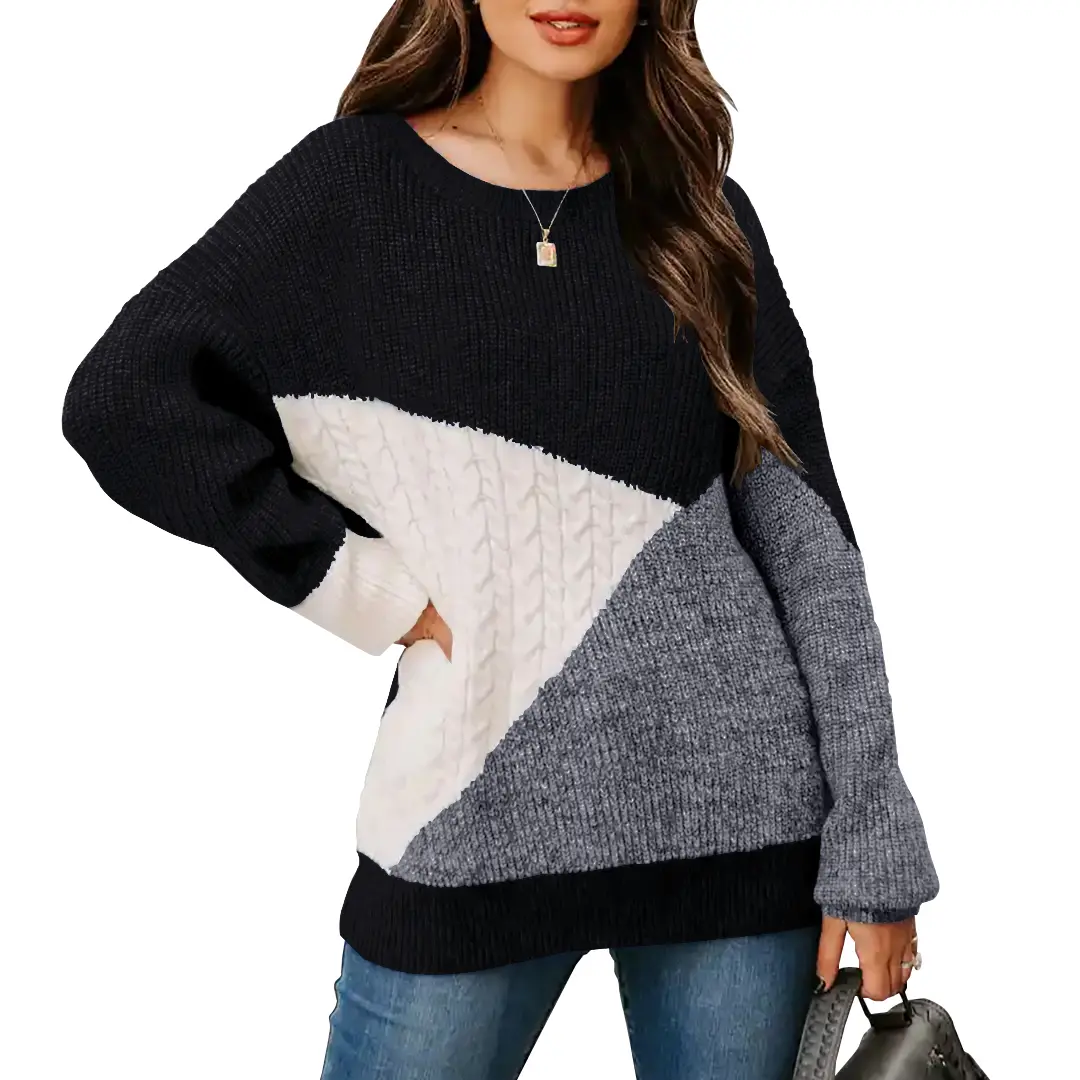 Necooer Women's Color Block Puff Sleeve Sweater Oversized Soft Knitted Jumper 2025 Christmas Ready Retro Cozy Holiday Layering Must-Have Casual Crewneck Pullover Top