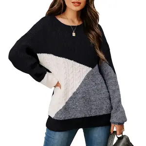 Necooer Women's Color Block Puff Sleeve Sweater Oversized Soft Knitted Jumper 2025 Christmas Ready Retro Cozy Holiday Layering Must-Have Casual Crewneck Pullover Top