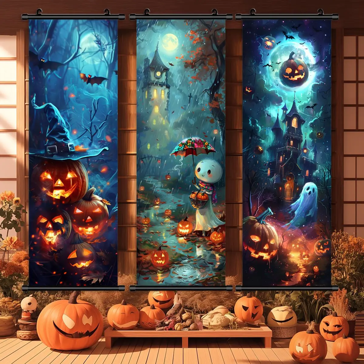 Halloween Hanging Banner, 3 Counts/set Cute Ghost on A Rainy Day & Scary Pumpkin Head Poster, Halloween Decoration, Horror Party Poster