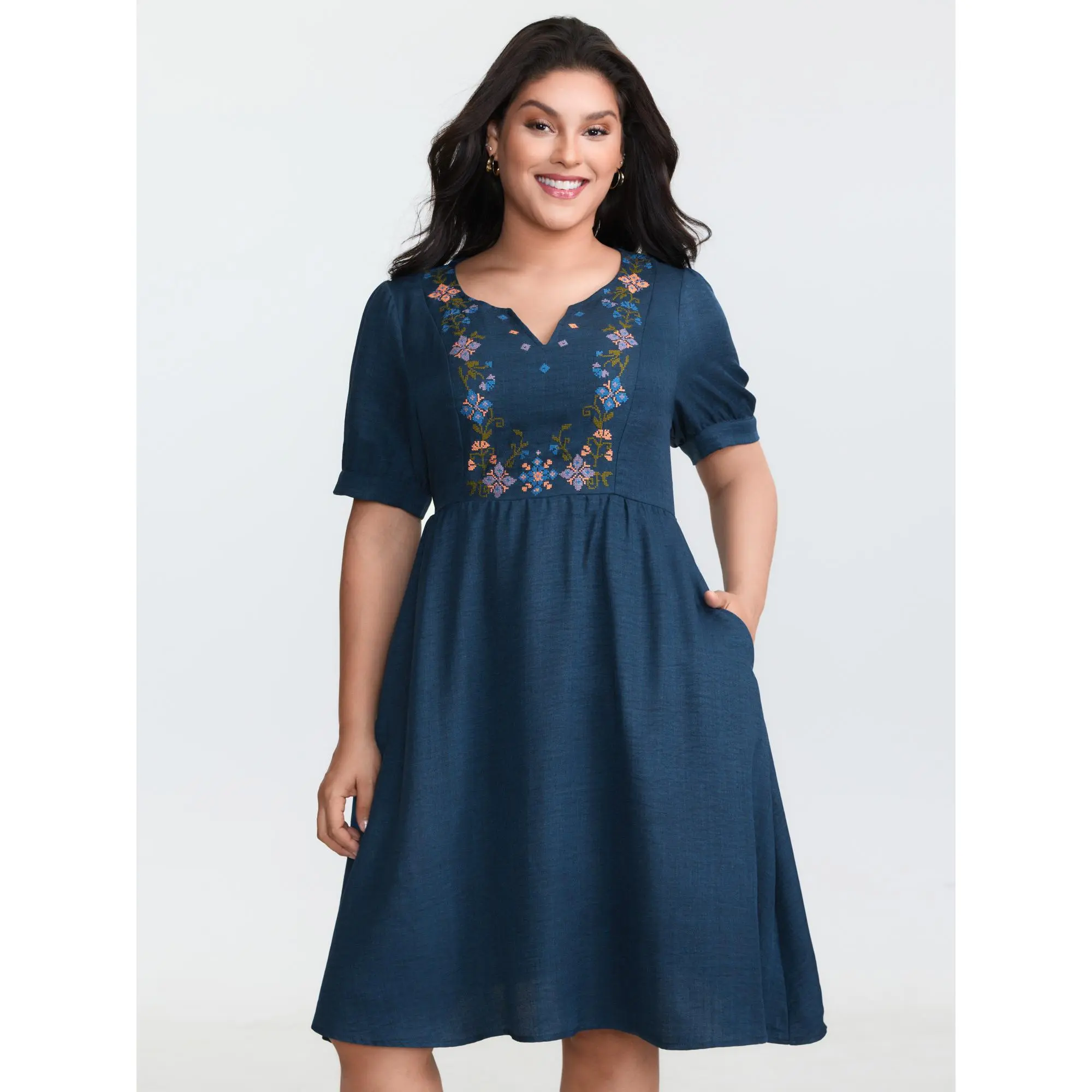 BloomChic Women's Curvy Plus Size Floral Embroidered Textured Mini Dress - Notched Collar, Half Regular Sleeves, Pull-On, Low Iron Polyester Fabric, Pocket, Casual Wear, Fit for 18-20/2X, Half Sleeve