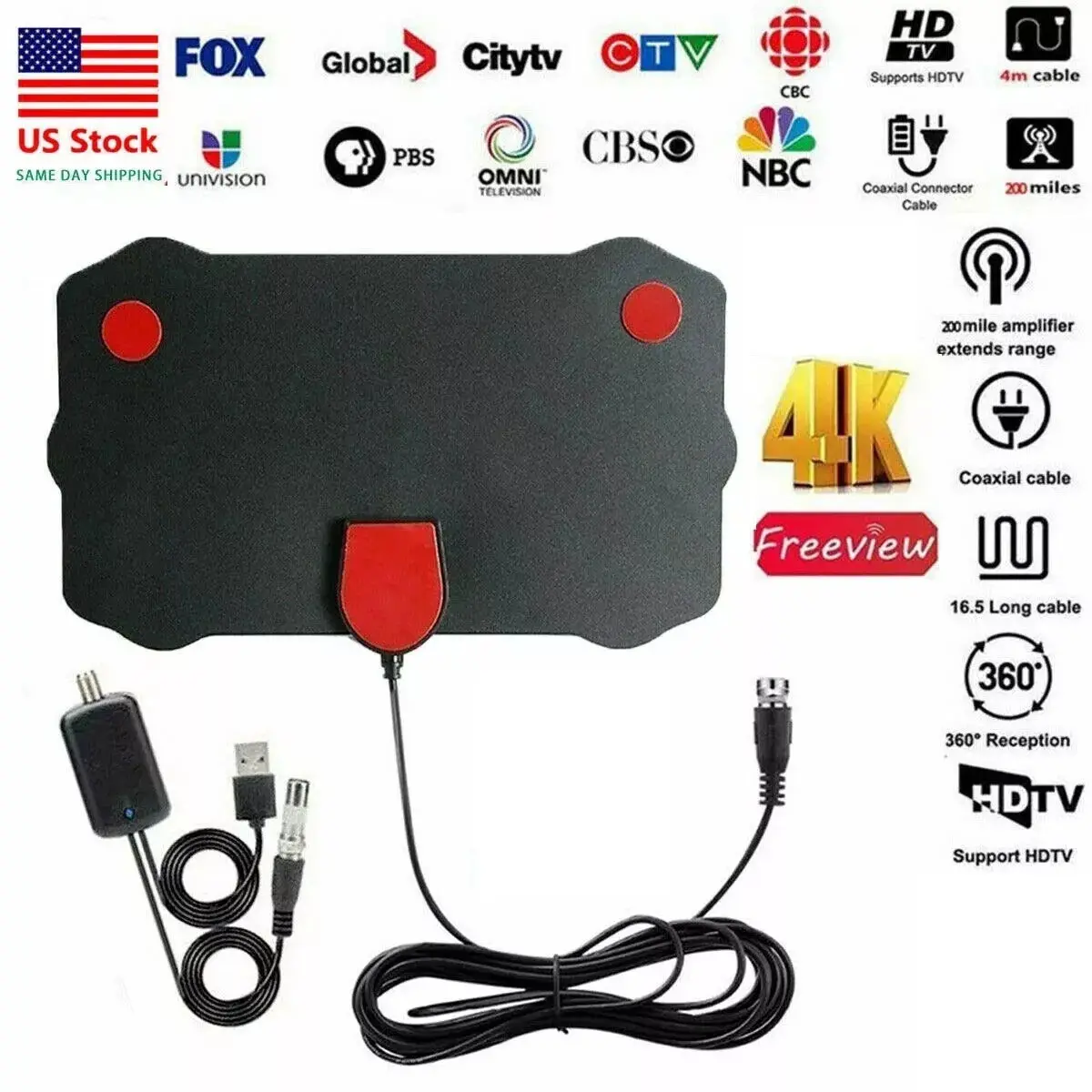 Amplified Indoor HDTV Antenna - 4K 1080P Digital TV Antenna with 25dBi Gain Amplifier, 4m Coaxial Cable, 220x130x0.65mm Flat Design, Black Radome, CD Setup Guide, Long-Range Signal Boost, Easy Installation