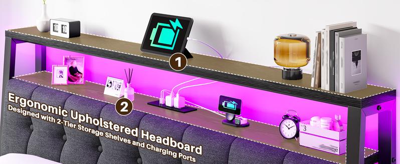 Raybee LED Bed Frame with Charge Station for Queen, Full, King, Platform Bed Frame with Upholstered Ergonomic Heardboard , 2 Tiers of Shelves & 12" Underbed Storage, Industrial Modern Bedroom Furniture, 1000lbs Capacity with Metal Slats & Frame, Black