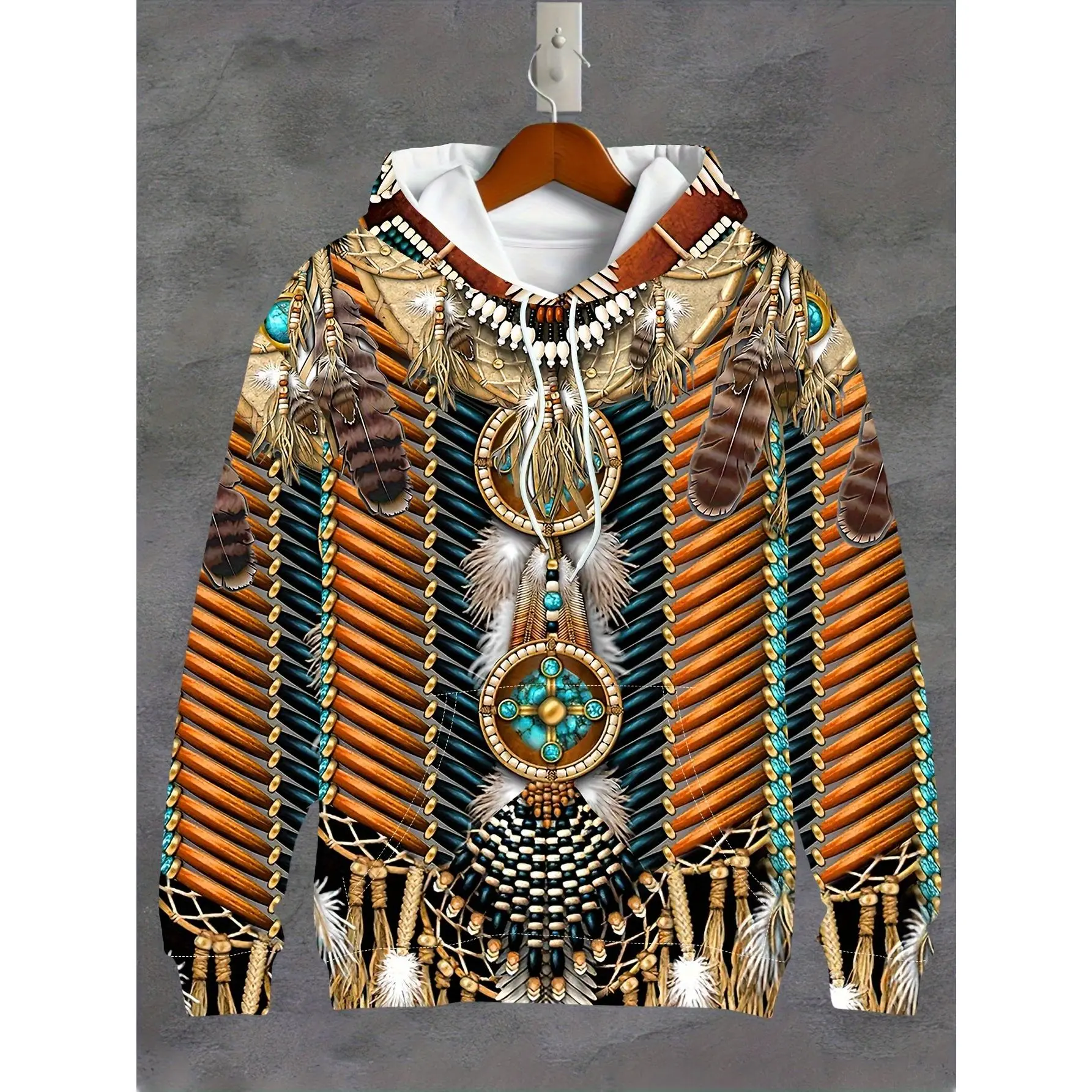 Men's Lightweight 3D Feather Print Knit Hoodie - Fabric, Stretch, Longsleeves, Drawstring, Pockets, Vibrant Tropical Tribal Design, Casual Menswear Sweatshirt for Fall/Winter, Polyester Blend, Machine Washable