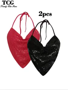 Fashion Chic Sexy Backless Crop Top Set, Summer Travel Party Nightclub, Fitted Knit Sequins Beads Halter Neck Tank Tops, Matching Two Piece Set