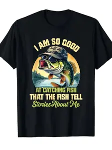 Men's funny fishing T-shirt with the slogan "I fish so well that fish will tell my story"-green and yellow casual short-sleeved T-shirt, designed for jumping trout and anglers, suitable for fishing trips, outdoor activities and daily wear