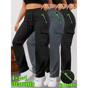 3-Pack Multi-Pocket Cargo Pants Adjustable Drawstring Waist Non-Stretch Machine Washable All-Season Outdoor/Casual Utility Trousers