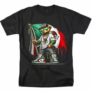 [100% Cotton] Mens Fashionable Crew Neck T-Shirt Comfortable Fit,PatternedPrint Cool Mexican Flag Bear Tee  Celebrate in Style,Streetwear Top Black graphic tees
