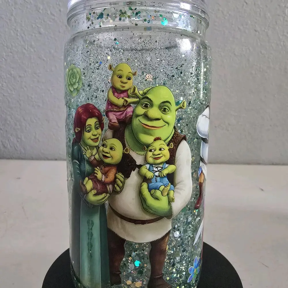Shrek Waterfall Snowglobe Tumbler with Glitter and Floral Design