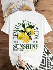 Men's Casual Streetwear, Round Neck Short Sleeve Crewneck T-Shirt, Top, Tropical Lemon Back Graphic Print, Comfortable Soft Fabric, Perfect Gift for Trendy Lovers, Menswear, Casual Summer Clothes, Casual Summer Style