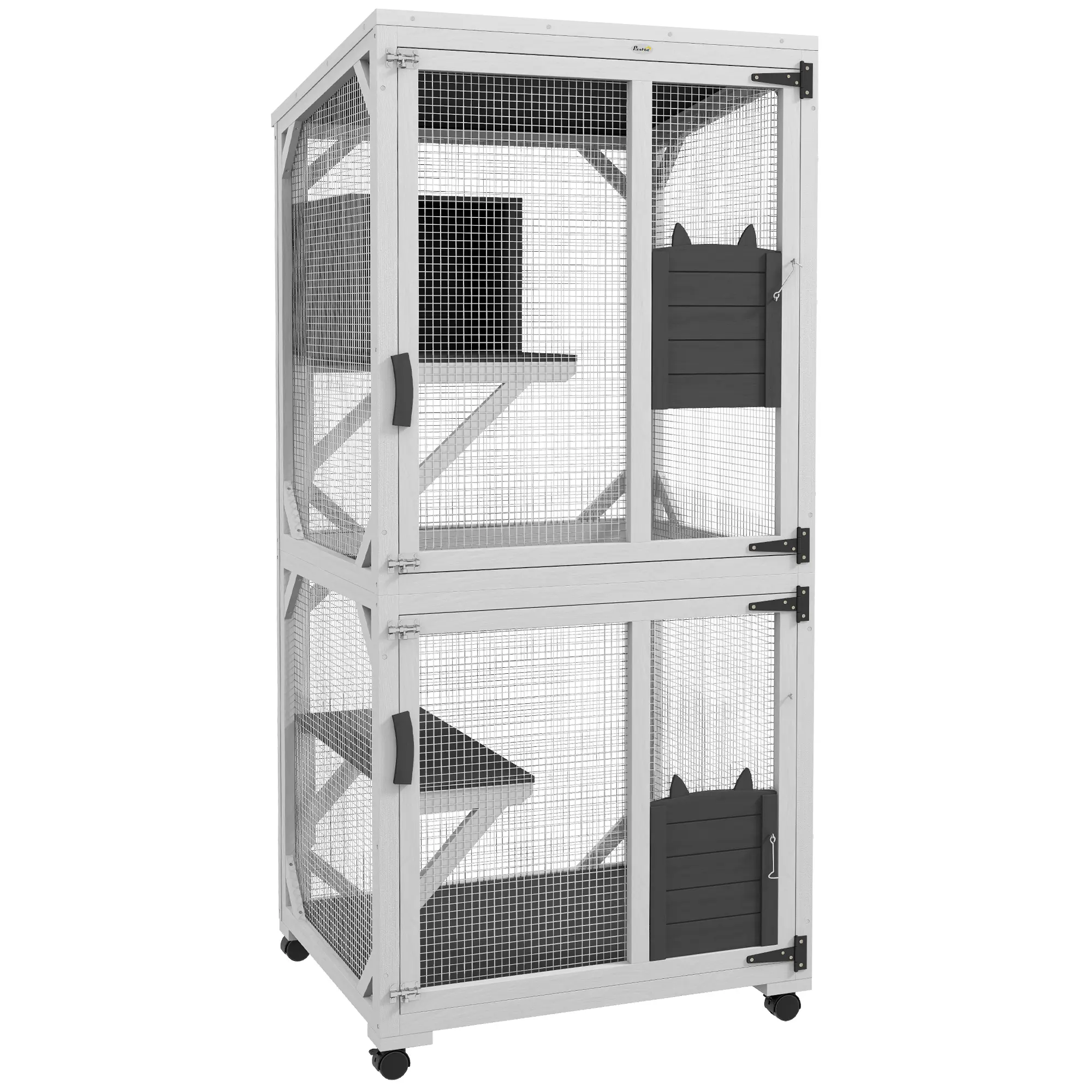 PawHut Wooden Catio with Waterproof Roof, Large Cat House with High-Up Resting Box, Indoor & Outdoor Cat Enclosure with Wheels, for 1-3 Cats, Orange