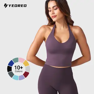 YEOREO Womens Halter V Neck Padded Crop Tank Top Sleeveless Backless Hazel Camisole Trending Aesthetic Summer Fit Workout Greenish