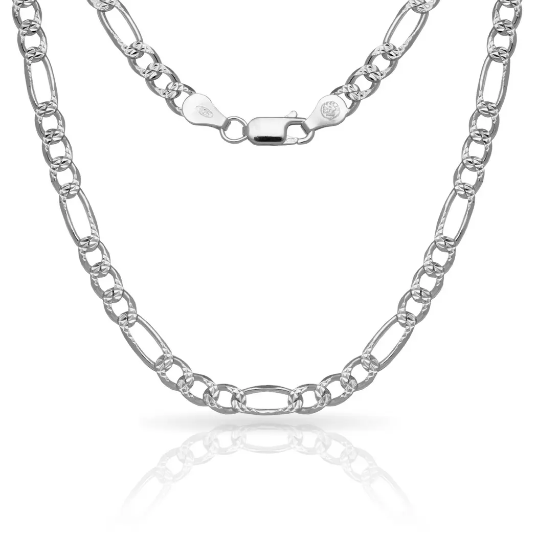 Jewelryweb 925 Sterling Silver Mens Italian 6mm Pave Figaro Chain Necklace