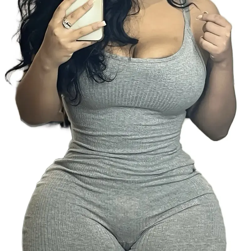 Grey Ribbed Romper - Simple Design Casual Top for Your Style