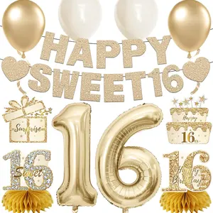 11Pcs 16th Birthday Decorations Kit for Girls Women, Gold Happy Sweet 16 Birthday Banner, Sweet 16th Birthday Balloons Party Supplies, Sixteen Bday Banner Ceiling Table Topper Sign