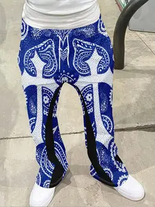 Men's Blue Bandana Paisley Print Bell Bottom Pants, Classic Paisley Full Pattern Streetwear, Casual Fitted Long Pants, Perfect Gift, Casual Street Style