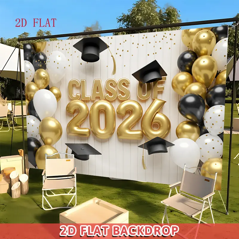 1pc 2026 2D Flat Graduation Banner - 40*30inch/100*75cm, Polyester Edits, Gingham, Geometric, Gold & Black Balloon Lettering, Cap Decoration, Festive Backdrop for Graduation Ceremonies, Photo Booth Backgrounds