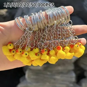 Mini Yellow Duck Design, 100pcs Cute Cartoon Animal Charm with Metal Split Ring, Multi-seasonal Accessory for Bags & Keys, Trendy Cute Keychain, Cute Charms Keychain