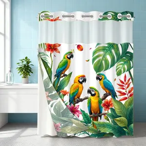 1PC double-layer large ring shower curtain, four parrots inhabit tropical plants, shower curtain, high-end quick drying hanging curtain, bathroom, curtain, waterproof, mildew proof curtain