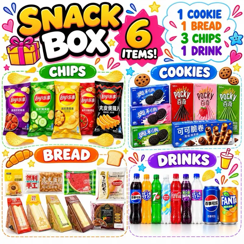 6 Full-Size Asian Snack Box Assortment - Sweet Snacks, Chips, Ramen, Drinks - Affordable Multipack Gift Set for Exotic Flavors