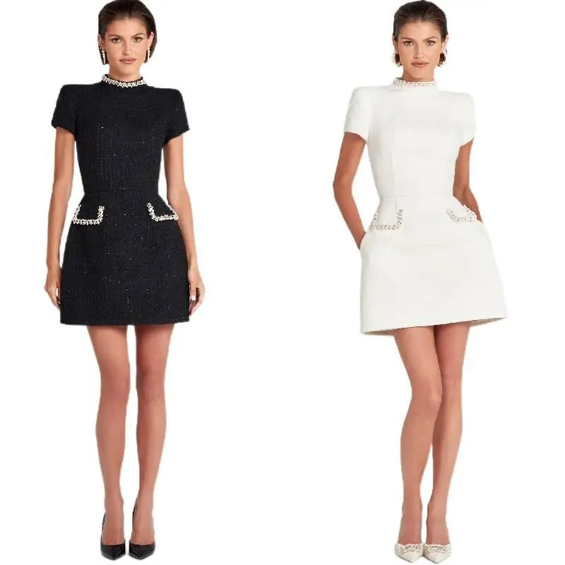Women's Beaded Round Neck Fitted Mini Dress, Elegant Short Sleeve Bodycon for Formal Parties and Office Wear, Birthday, Crew Neck, Office Ootd, Chic Outfit, Fitted Cut