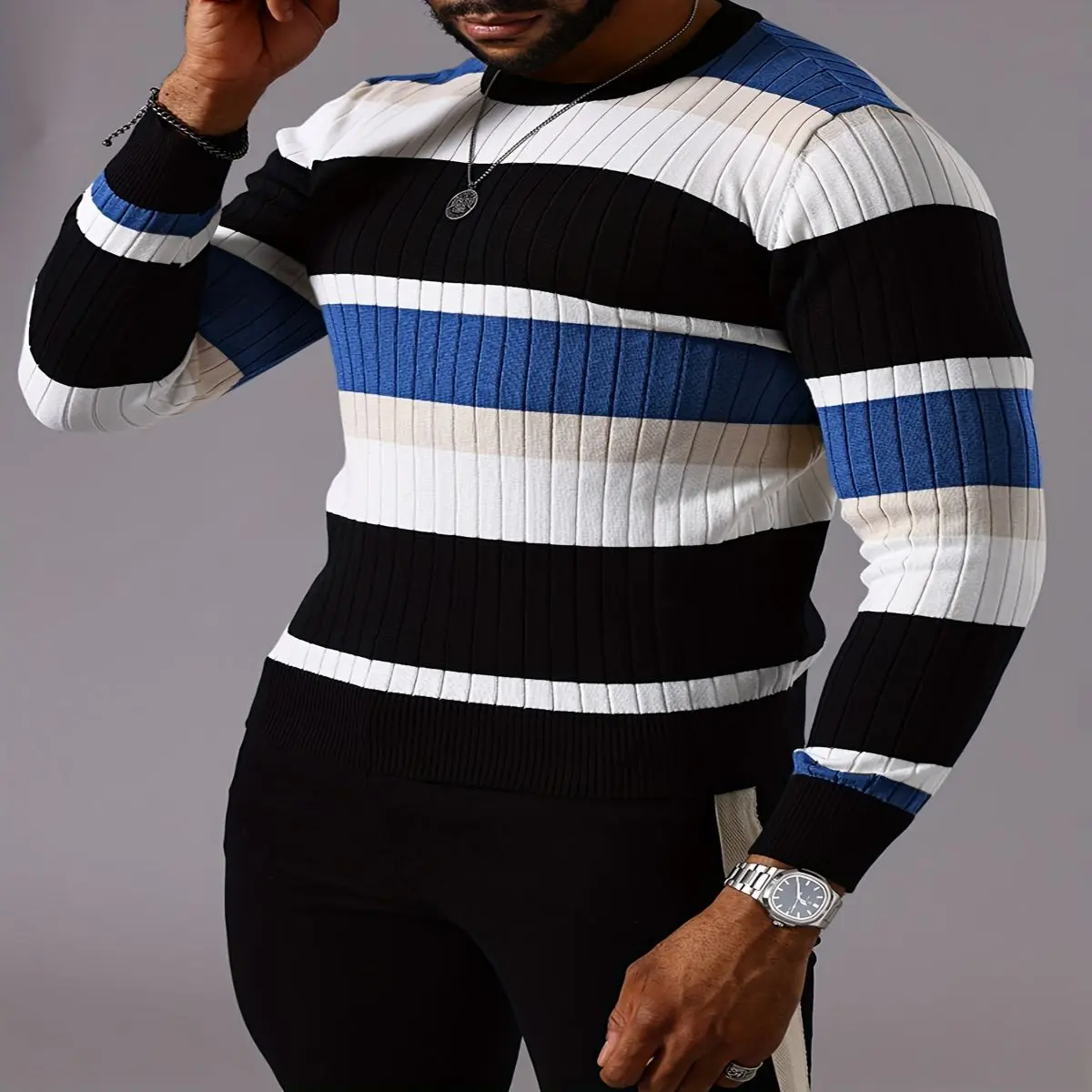 [Striped Knit Sweater] Long Sleeve Striped Color-Block Ribbed Sweater | Men's Pullover with Elastic Comfort Fit, Machine Washable Casual Fall Winter Top in Black/White/Green/Beige, Medium Elasticity