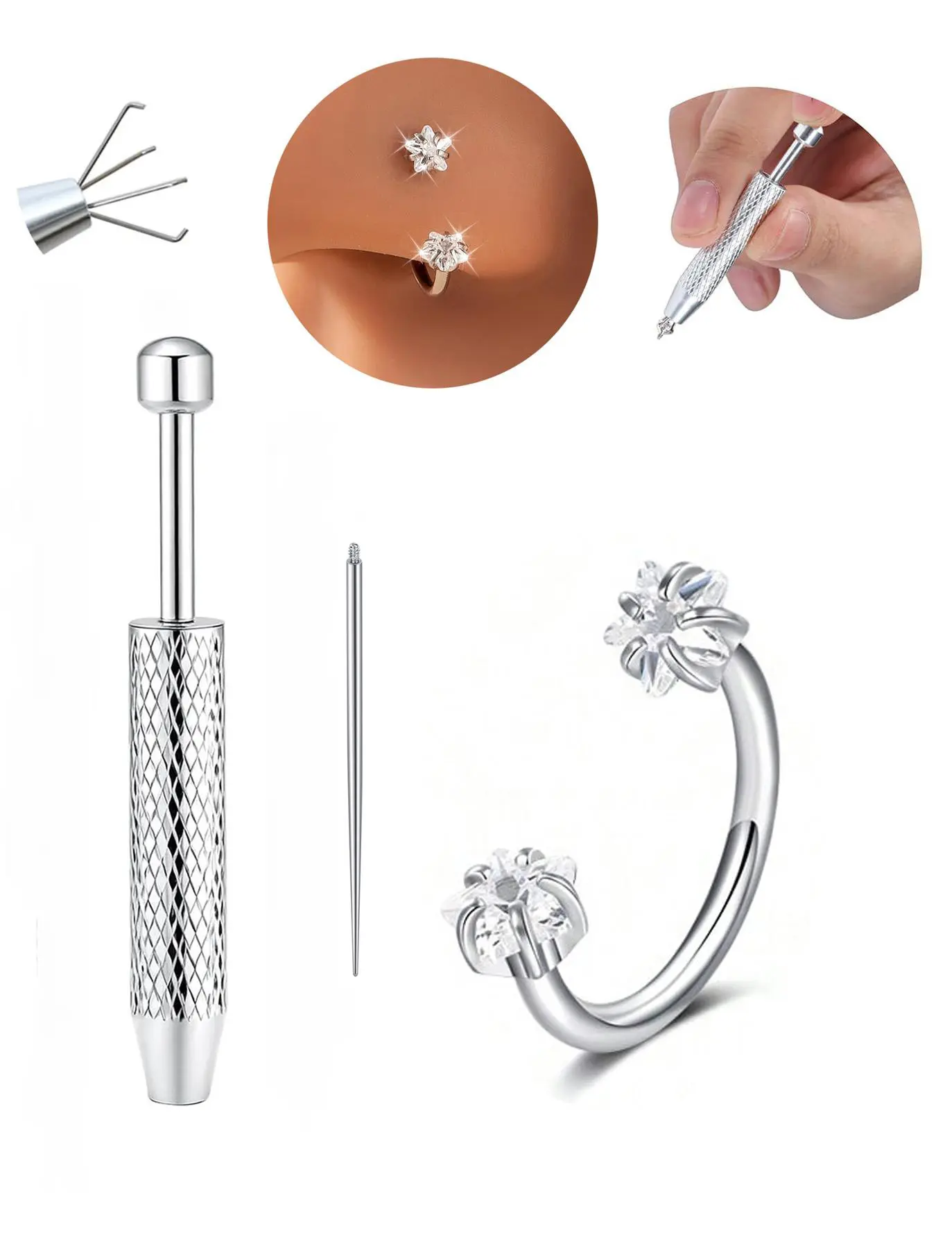 20gauge Star CZ Horseshoe Nose Rings With Piercing Ball Grabber Tool, Nose Piercing Kit, Internal Threaded Horseshoe Septum Ring Cartilage Tragus Earrings Helix Piercing Jewelry Labret Lip Hoops Hypoallergenic Stainless Steel 8mm