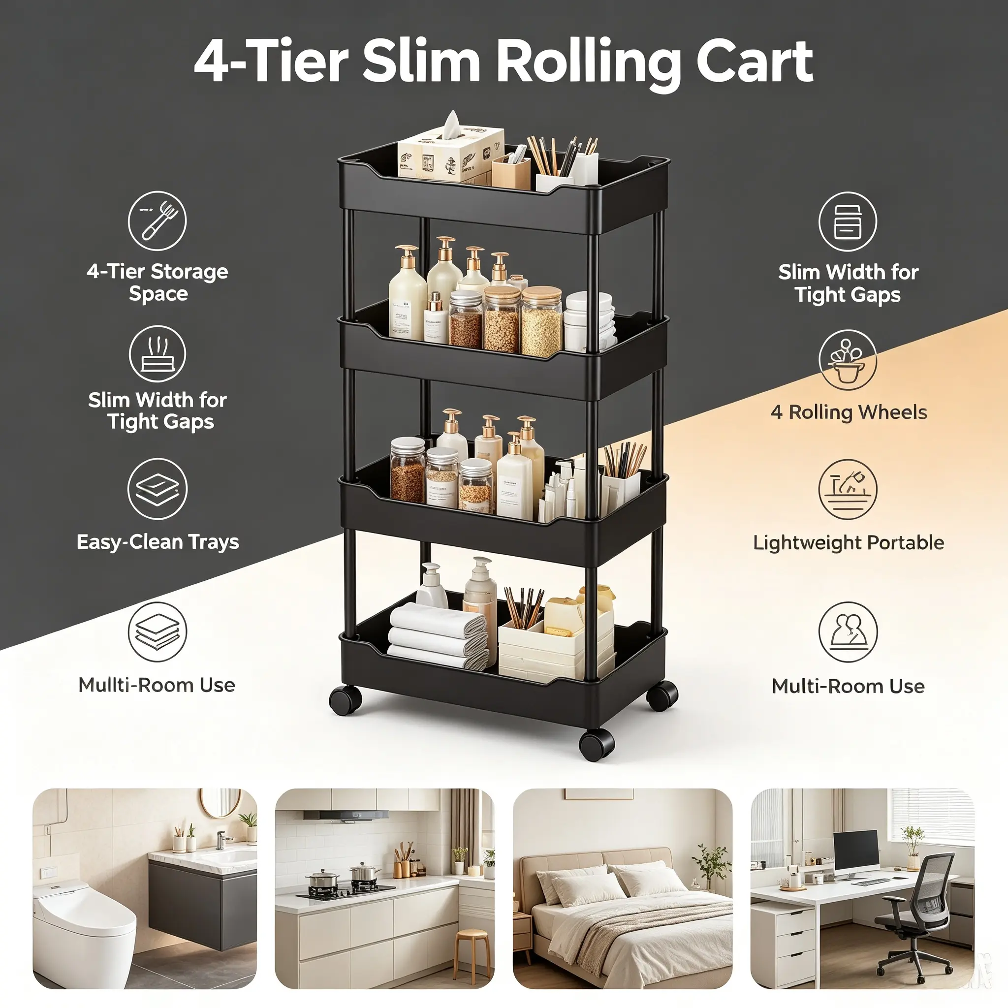 Black and white small cart with 3–4 tiers