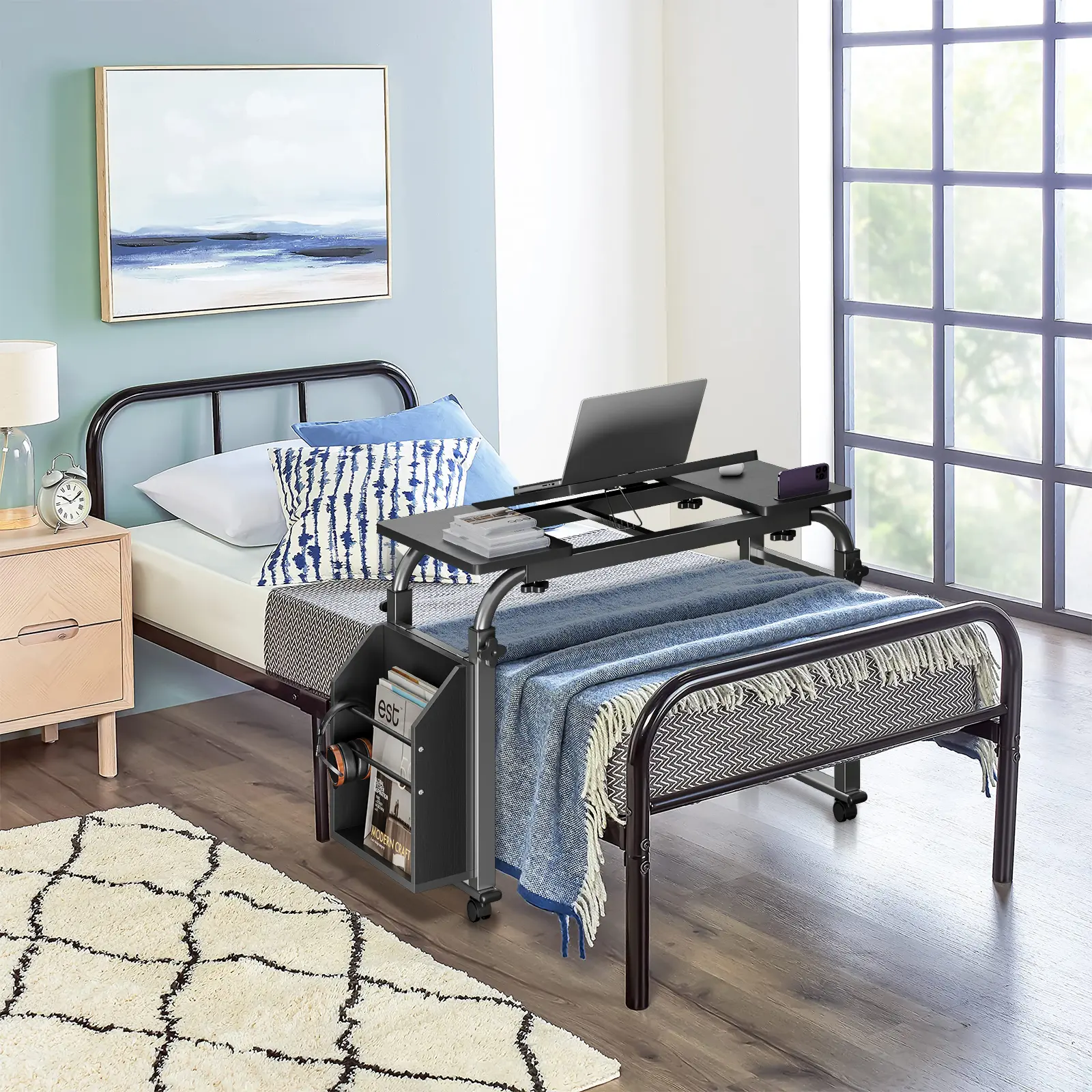 Overbed Table with Wheels, Bed Laptop Table, Adjustable Height and Tilt Board, Reinforced Packaging, Suitable for Hospital and Home Use, Over Bed Desk, Recliner Table