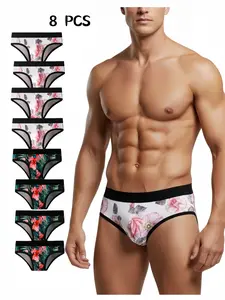Trendy Men's 2 Color 8 Piece Triangle Underwear Set, Unique Print Design, Comfortable Lightweight Sexy, Casual Fitted, All Seasons, Undergarments