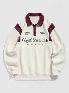 Men's Colorblock Letter Number Graphic Embroidered Fuzzy Fleece-lined Half Buttoned Long Sleeve Polo Collar Pullover Sweatshirt Menswear Hoodie Casual