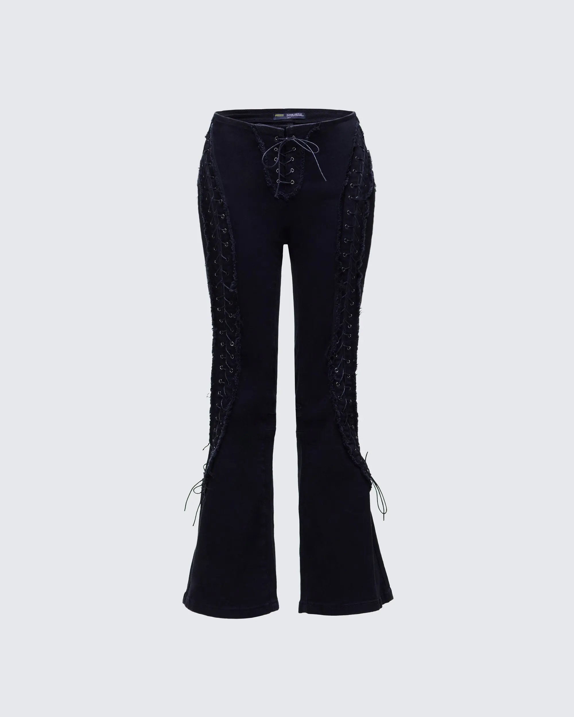 Women's Genoveva Black Denim Lace-Up Flared Jeans, Cotton-Spandex Blend, Hip-Enhancing Glamorous Bottoms