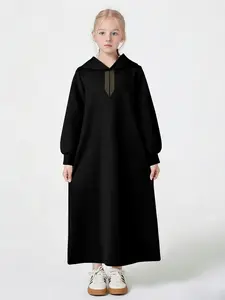 Simple Gold Kids Hooded Robe, Kids Girls Clothing, Girls Abaya, Muslim Girl Daily Long Dress, Casual Asymmetrical Design, Loose-Fitting, All Seasons
