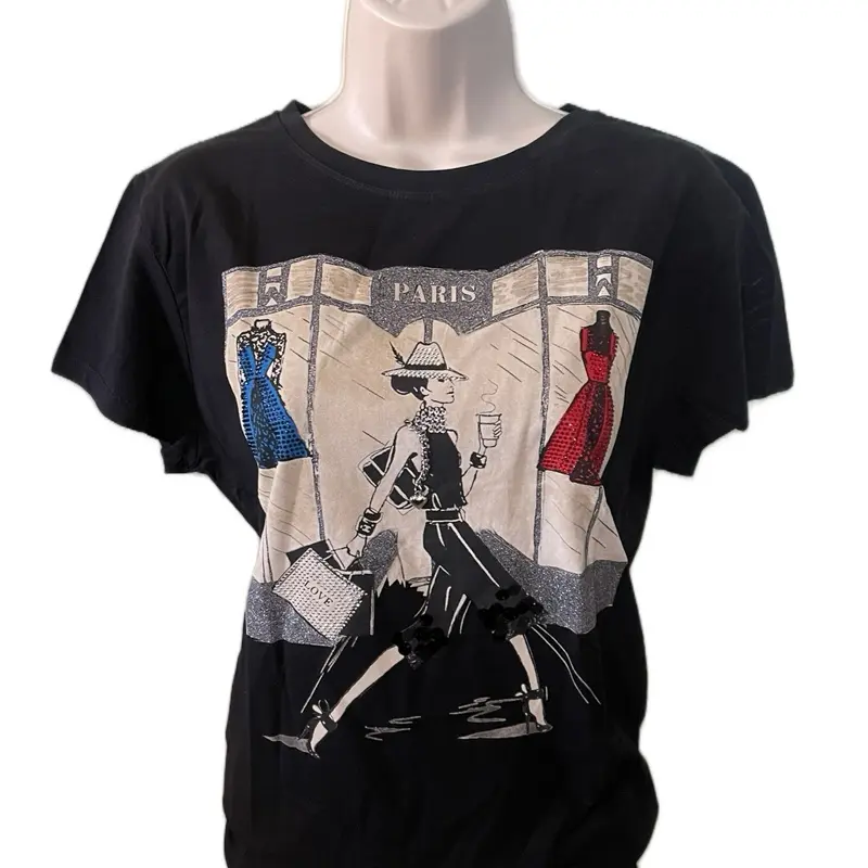 Vinizbena Fashion Lady Shopping Rhinestones Women T-Shirt with Classic Paris Design