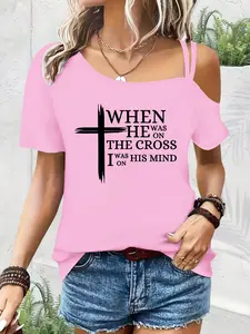Elegant Women's Cross and Text Print Casual Party Top, Soft Stretchy Loose Fit Short Sleeve Tank, Cute Sporty Versatile T-Shirt