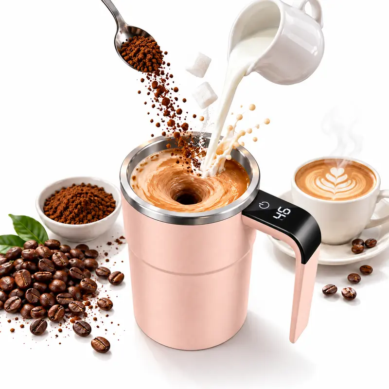13oz Cordless Rechargeable Magnetic Automatic Stirring Smart Coffee Tumbler with Temp Display, 304 Stainless Steel Anti-Scalding Drink Cup, Office-Use Reusable Washable White Container with Fast Heat Dissipation (Includes Capsules)