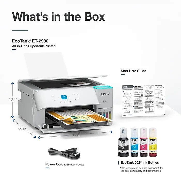 Epson EcoTank ET-2980 All-in-1 Supertank Printer, Including 502 Ink Bottles and Power Cord