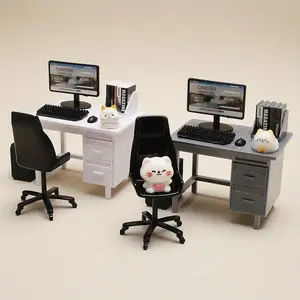Miniature Dollhouse Office Set, Includes Desk Chair Keyboard Mouse, Detailed Mini Computer Furniture Model, DIY Assembly Required