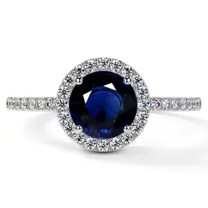 Classic Round Blue Sapphire Halo Ring with Prong Set Diamonds (1.85cttw)- RBS001-7X7-AA