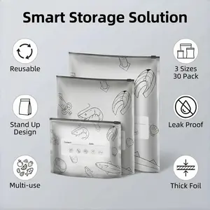 30Pcs Reusable Aluminum Foil Sealable Storage Bags, Thicken Stand Up Foil Sealable Bags with Label and Zip Lock, Aluminum Foil Bags for Food, Vegetable Fruit Meat