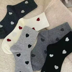 5 Pairs Women’s Cute Heart Print Crew Socks, Spring Summer New Trendy Versatile Socks