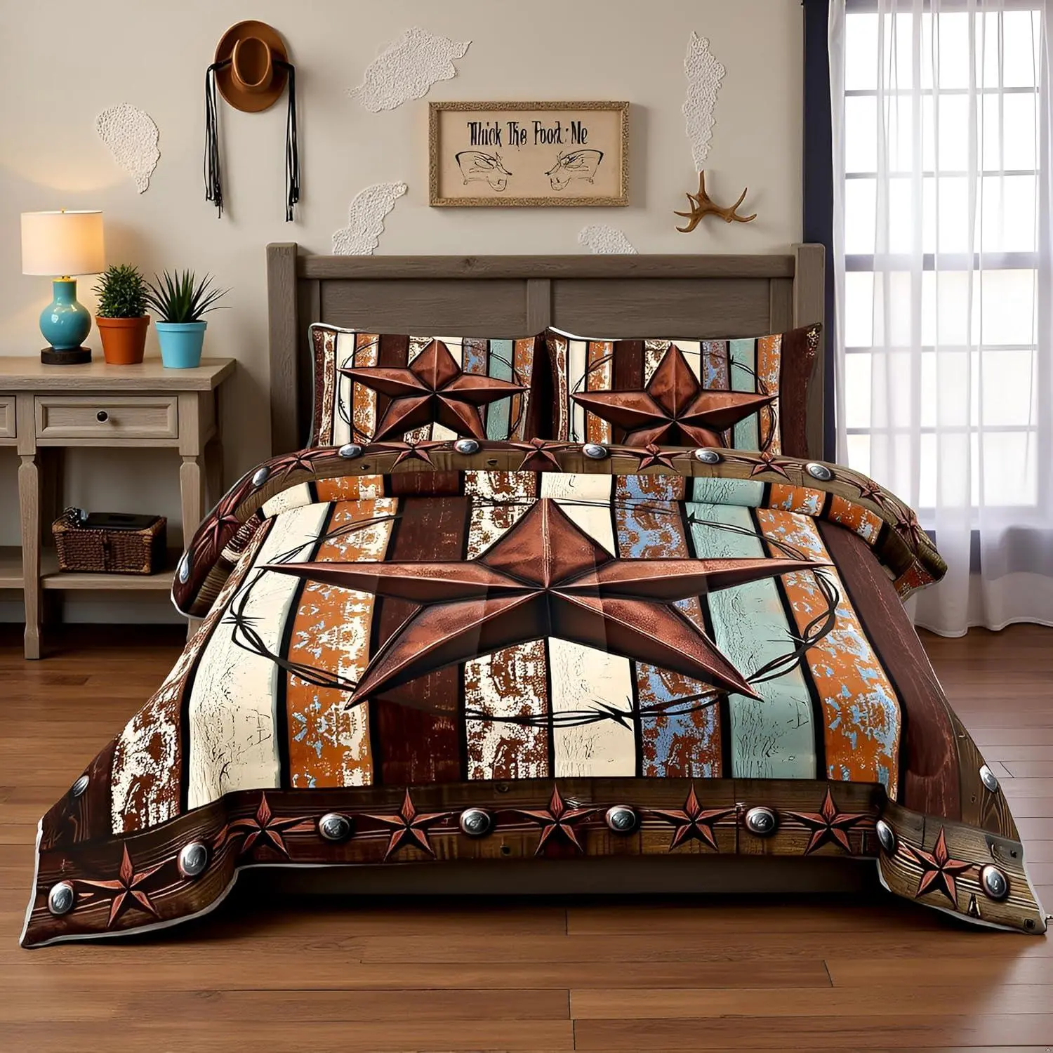 Western Texas Star Kids Comforter Set,Vintage Wooden Plank Bedding Set,Girls Boys Adults Bedroom Decor,Rustic Farmhouse West Cowboy Down Comforter,Brown Retro Duvet Insert