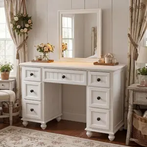 48" Vanity Desk with Mirror, Solid Pine Wood Vanity Table Farmhouse Distressed White Dressing Table with 7 Textured Drawers, Vintage Chic Makeup Vanity for Bedroom, Antique White