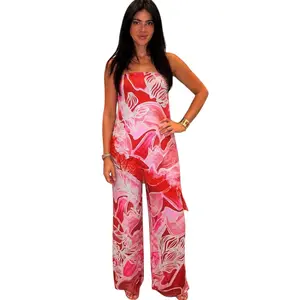 Pink Floral Strapless Satin Pant Set