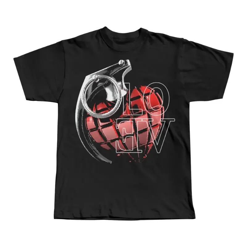 Love Grenade Tee, Red Heart Hand Grenade Love Graphic Shirt, Vintage 2000s Emo Pop Punk Rock Graphic Tee, Edgy Gothic Y2K Streetwear Top, Alternative Aesthetic Merch, Unisex Cotton Crewneck T-Shirt Menswear Womenswear Streetwear Top