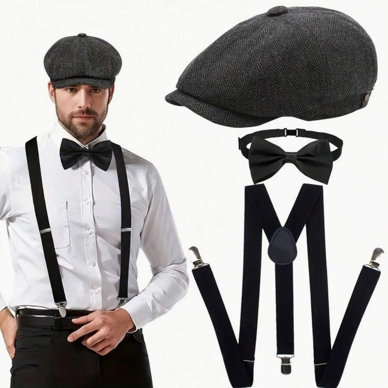 3pcs Roaring Twenties Complete Costume Suit | News Boy Hat, Bow Tie, Adjustable Suspenders - Elegant 1920S Gatsby Clothing For Men And Women Perfect For Bar Parties, Weddings, Vintage Events, Themed Party Wear, Wedding Guest Attire