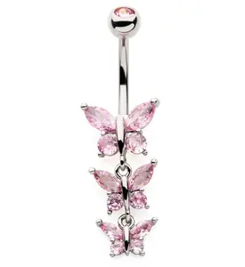 Triple Butterfly Pink CZ Dangle Stainless Steel Belly Button Ring