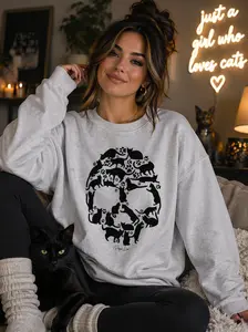 Cat Skull Graphic Crewneck Sweatshirt - 50% Cotton 50% Polyester Pre-shrunk Classic Fit Air-jet Spun Yarn Soft Feel