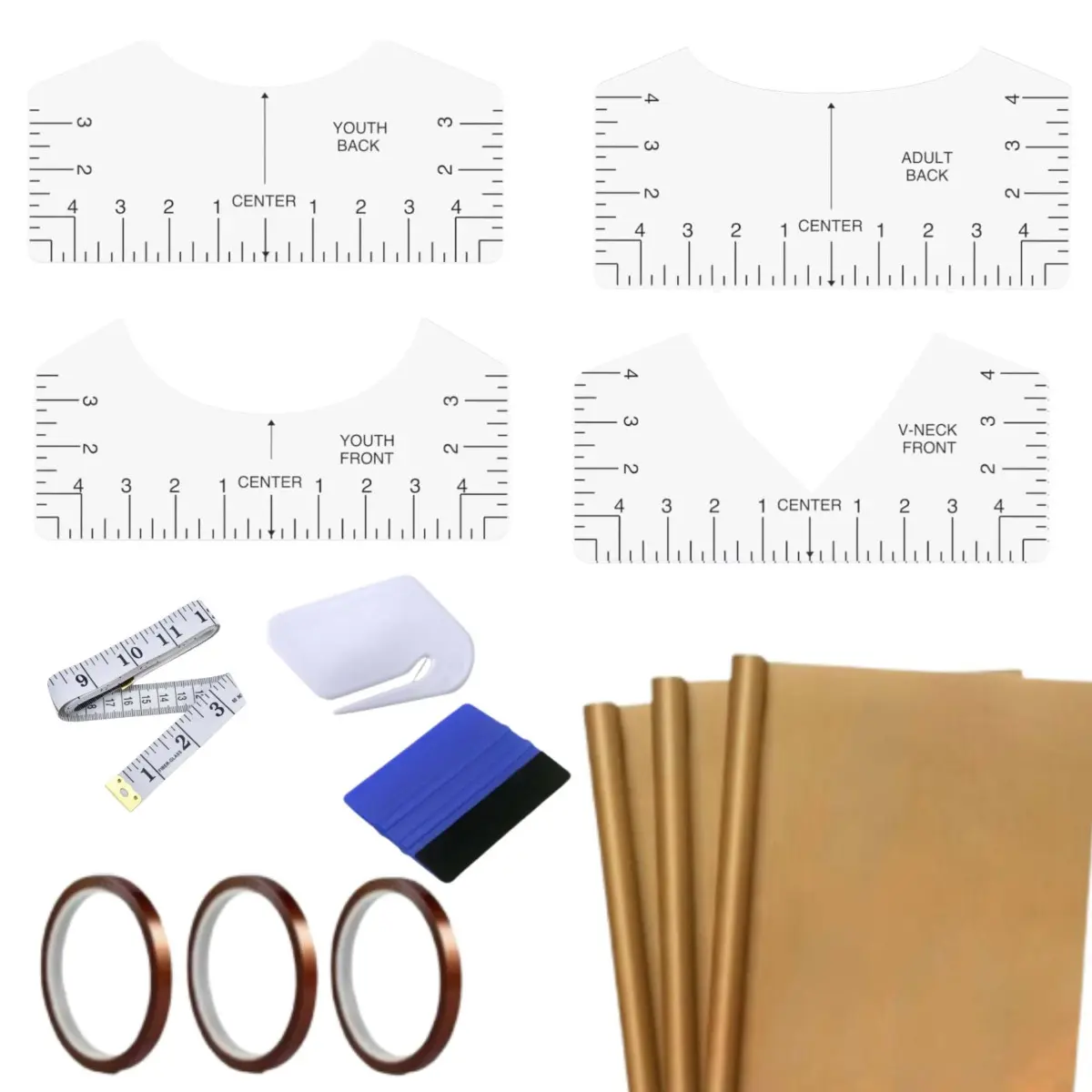 13-Piece Sublimation T-Shirt Sewing Kit - Sewing Tool Set with 4 Rulers, 3 Teflon Paper Rolls, 3 Heat Transfer Tape Rolls, Measuring Tape, Scraper, Cutting Tool for Wedding Shirts, DIY Design